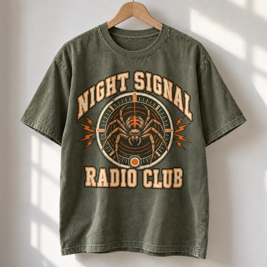 Faded olive Spider Radio Club tee on a hanger