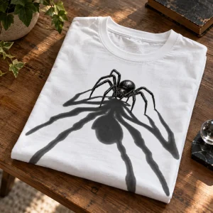 Folded white Spider Shadow shirt showing the tiny spider