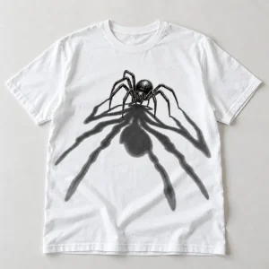 Front flat lay of white Spider Shadow artistic spider shirt
