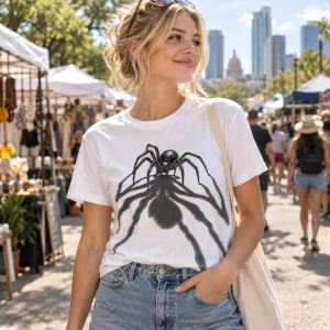 Photographer wearing Spider Shadow shirt in a bright minimalist gallery