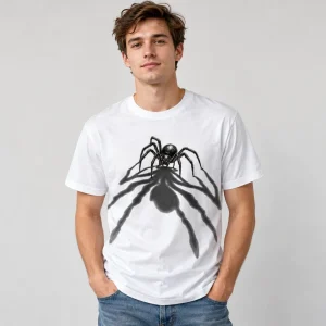 Woman wearing white Spider Shadow tee with black trousers