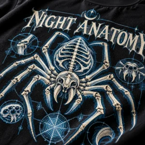 Close-up of NIGHT ANATOMY skeleton spider print showing bone-white and pale blue details on black cotton fabric