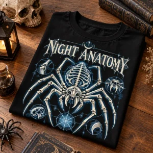 Folded black skeleton spider Halloween shirt on wooden table with eerie scientific spider artwork visible
