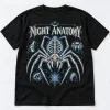 Front flat lay of black skeleton spider Halloween shirt with NIGHT ANATOMY x-ray-style spider skeleton artwork