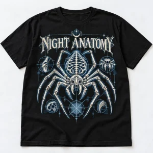 Front flat lay of black skeleton spider Halloween shirt with NIGHT ANATOMY x-ray-style spider skeleton artwork