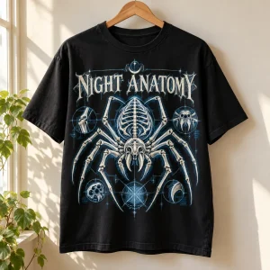 Black skeleton spider Halloween shirt on wooden hanger showing NIGHT ANATOMY spider skeleton graphic