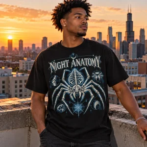 Black American man wearing skeleton spider Halloween shirt on a Chicago rooftop at sunset