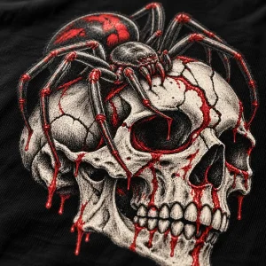 Close-up of crosshatched skull cracks and red spider markings