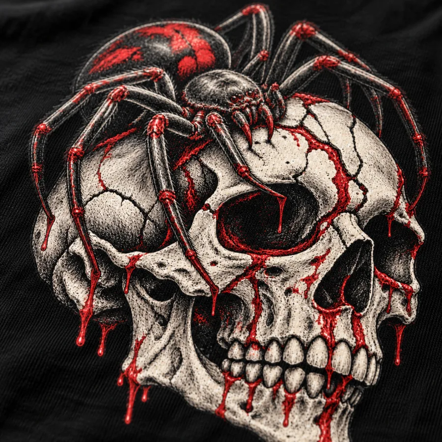 Close-up of crosshatched skull cracks and red spider markings