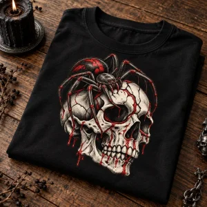 Folded black Spider Skull shirt showing the skull artwork
