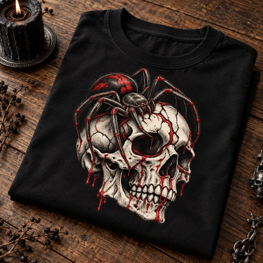 Folded black Spider Skull shirt showing the skull artwork