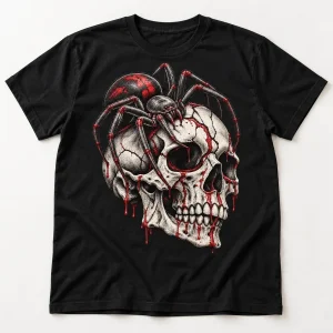 Front flat lay of black Spider Skull shirt with engraved skull and spider