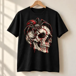 Black Spider Skull unisex tee on a dark wooden hanger