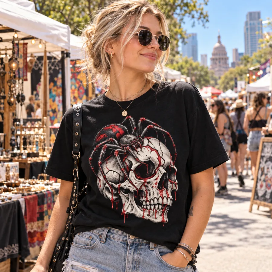 Tattooed man wearing Spider Skull shirt inside a vintage tattoo parlor