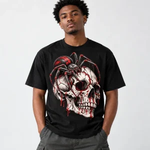 Man wearing black Spider Skull tee with the bone-white skull on the chest