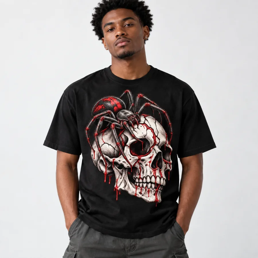 Man wearing black Spider Skull tee with the bone-white skull on the chest