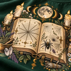Close-up of Spider Spell Book print showing web diagrams, spider, candles, moon phases and fabric texture