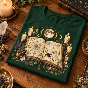 Folded forest green witch spider Halloween tee with Spider Spell Book print displayed on a wooden table