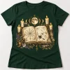 Front flat lay of forest green women's witch spider Halloween tee featuring the Spider Spell Book graphic