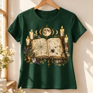 Forest green Spider Spell Book women's tee displayed on a natural wooden hanger in window light