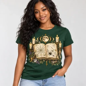 Black American woman wearing the forest green Spider Spell Book witch spider Halloween tee in a studio