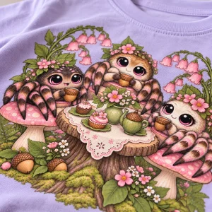 Close-up of three spiders with acorn cups and cupcakes