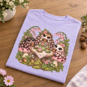 Folded pale lavender Spider Tea Party shirt showing the tea table art