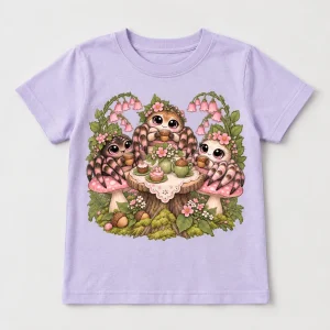 Front flat lay of pale lavender Spider Tea Party cute spider shirt