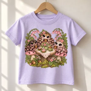 Pale lavender Spider Tea Party kids tee on a small wooden hanger