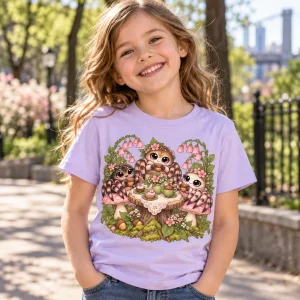 Child in Spider Tea Party shirt hosting a pretend tea party in a garden