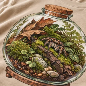 Close-up of moss, stones and detailed spider inside the illustrated terrarium