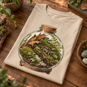 Folded sand nature spider shirt showing terrarium print