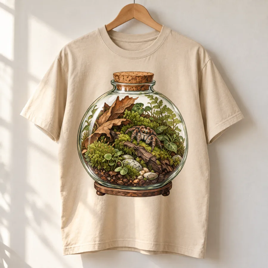 Sand Spider Terrarium tee on a wooden hanger