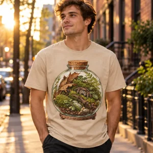 Woman in Spider Terrarium tee tending potted plants in a sunny greenhouse