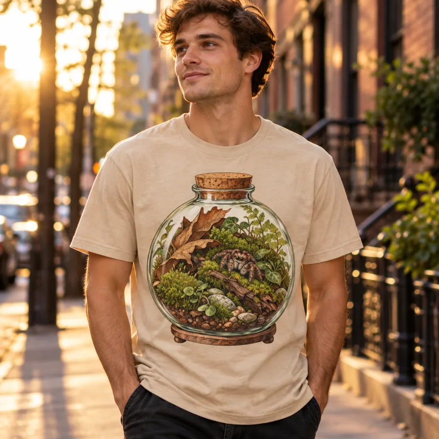 Woman in Spider Terrarium tee tending potted plants in a sunny greenhouse