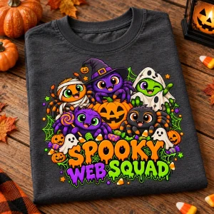 Close-up of Spooky Web Squad print showing colorful cartoon spiders and fabric texture