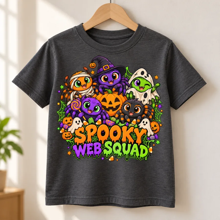 Folded Charcoal Kids tee showing Spooky Web Squad spider, pumpkin and candy artwork