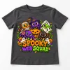 Front flat lay of Charcoal Kids tee with colorful Spooky Web Squad halloween spider design