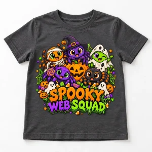 Front flat lay of Charcoal Kids tee with colorful Spooky Web Squad halloween spider design