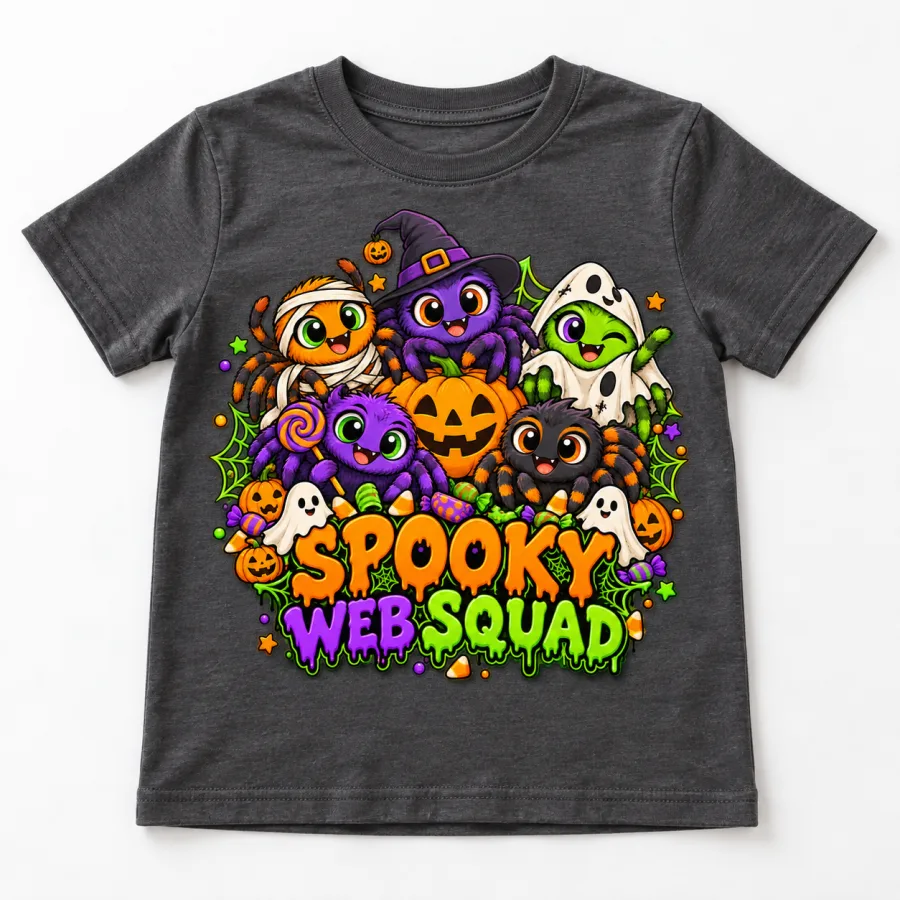 Front flat lay of Charcoal Kids tee with colorful Spooky Web Squad halloween spider design