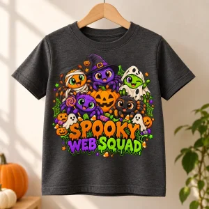 Charcoal Spooky Web Squad Kids tee displayed on a natural wooden hanger