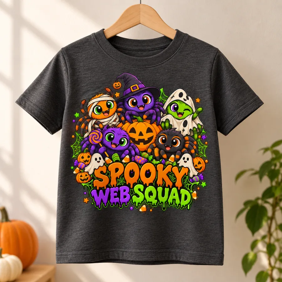 Charcoal Spooky Web Squad Kids tee displayed on a natural wooden hanger