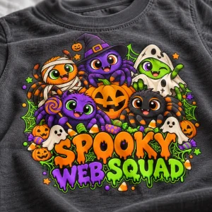Lifestyle photo of child wearing Charcoal Spooky Web Squad Halloween spider shirt outdoors