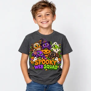 Cheerful child wearing Charcoal Spooky Web Squad Kids tee with five cartoon spiders and pumpkins
