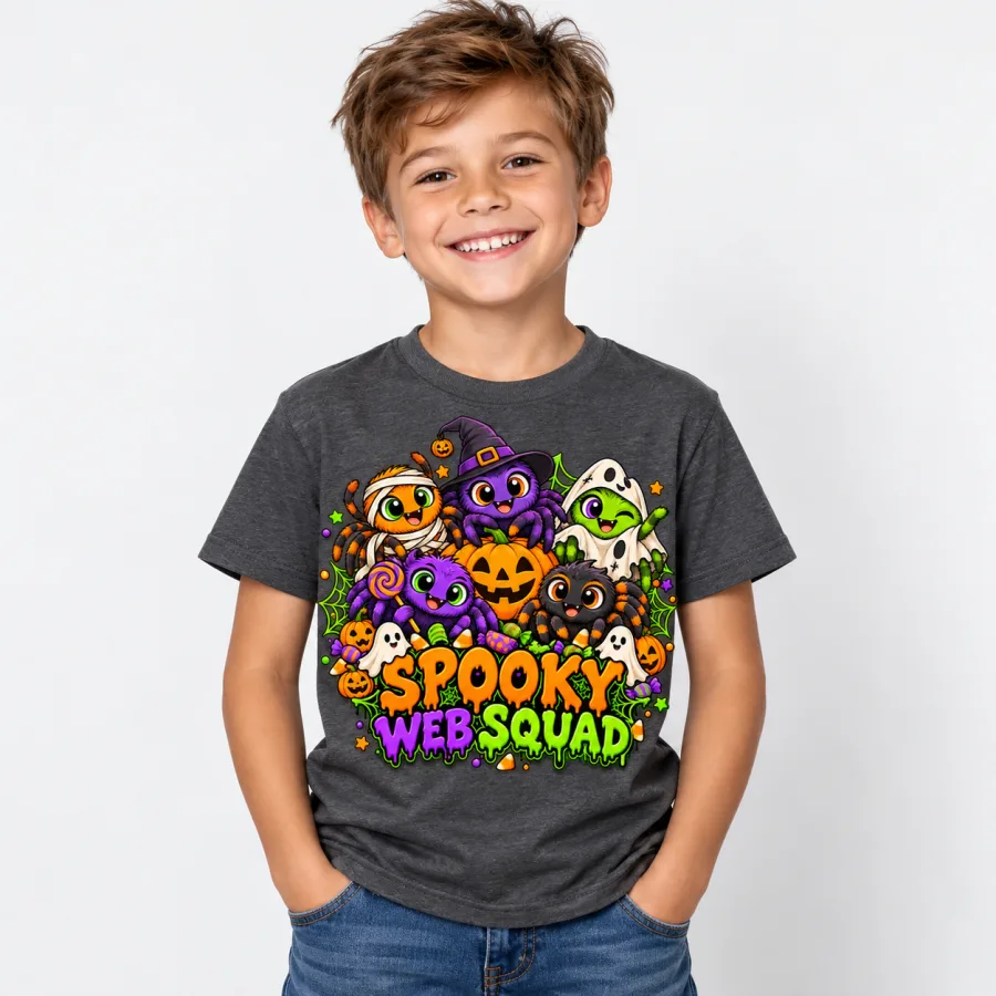 Cheerful child wearing Charcoal Spooky Web Squad Kids tee with five cartoon spiders and pumpkins