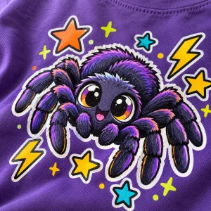 Close-up of Sticker Spider print showing colorful spider artwork, white outline and cotton fabric texture
