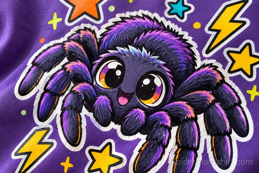 Close-up of Sticker Spider print showing colorful spider artwork, white outline and cotton fabric texture