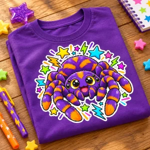 Folded Purple Kids Sticker Spider tee on a wooden table with colorful star-themed props