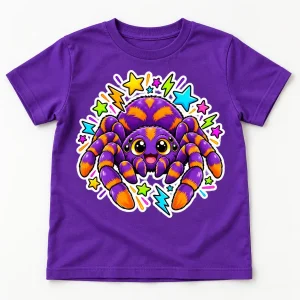 Front flat lay of Purple Kids tee with Sticker Spider cute spider graphic and colorful stars and lightning doodles