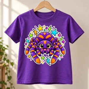 Purple Kids Sticker Spider graphic tee hanging on a natural wooden hanger against a softly lit wall